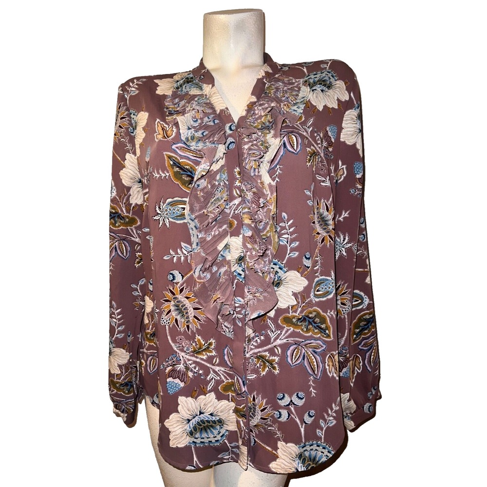 Chicos Top (2) L Purple Jacobean Bouquet‎ Pleated Ruffle Button LS Shirt Blouse